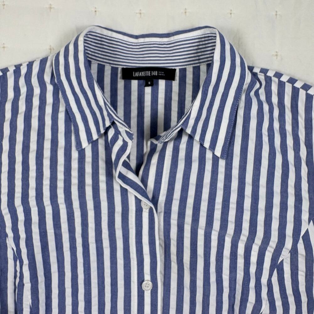 Lafayette 148 Seersucker Blouse Women's 6 Blue White - Picture 2 of 9